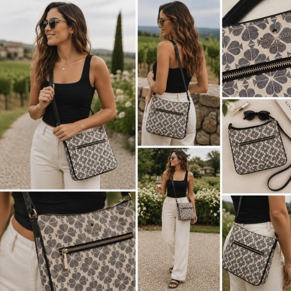 Kate Spade Spade Flower Jacquard Large Swingpack Crossbody Bag Black Cream Purse - Picture 2 of 14